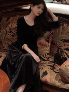 Vestido vintage preto de veludo, vestido de festa à noite, elegante, cintura fina, peça única, primavera, outono, aline, formatura, robe feminino