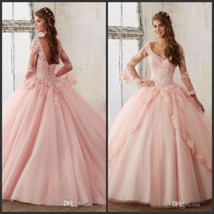 새로운 Quinceanera Pageant Ball Gown Long Sleeve velsidos de Quincea 댄스 파티 드레스 핑크 얇은징 아플리케 레이스 섹시한 드레스 256n