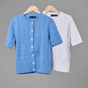 Jiayi Stire Ralph Kort ärm broderad logotyp Stekt degvridningar Cardigan tröja Kvinnor Summer Cotton Knitwear
