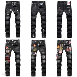 D2 Designer Jeans para Mens Dsquare DSQ2 Trendy Hip-hop Calças Rasgadas Preto Digital Impresso Mid Rise Pequena Perna Reta Calças Jeans Homens Jeans Designers Pant 237