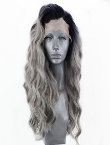 Parrucca anteriore in pizzo sintetico per capelli in fibra resistente al calore di colore grigio Ombre, parrucche cosplay grigie bicolore ondulate lunghe per le donne2562373