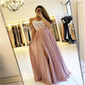 2021 blush rosa longo vestidos de dama de honra lado alto divisão espaguete a linha apliques chiffon vestido de convidado de casamento vestidos de festa de baile245z