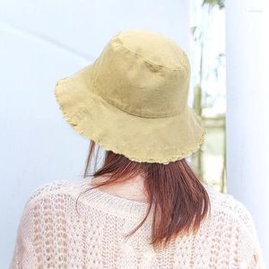 Berets feminino dobrável balde chapéu de algodão aba larga pescador bonés borda crua cor sólida verão pára-sol ao ar livre proteção uv boné