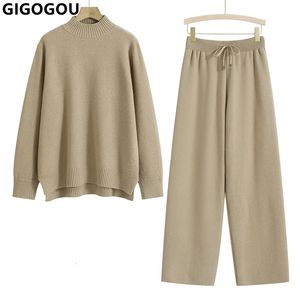 Gigogou Basic Knit Winter Women Sweater Tracksuits Overized Loose Woman tröja Wide Leg Pants Suits Suits Trousers 2 Pieces Set 240226