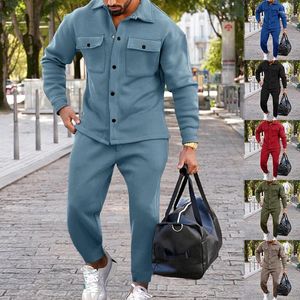 Fatos masculinos 2024 moda terno outono inverno camurça casual jaqueta calças 2 peças conjunto multi-bolso design sólido calças de manga longa