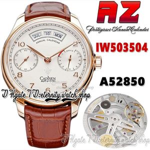 AZF AZ503504 Årlig kalender Power Reserve Mens Titta på A52850 Automatiska vita uppringningsnummer Markörer 18K Rose Gold Case Läderband 290G