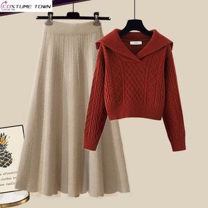 大きな女性秋と冬セット韓国のファッションニットセータースリムハーフスカート2ピース240226