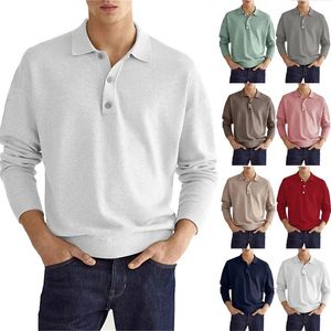 Mens Long Sleeve Polo Shirt Solid Color Lapel Button Office Business Casual Pullover Fashion Sports T-Shirt S-3XL 240306