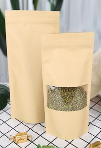 400st -tätningsbara väskor Brown Kraft Paper Bag Stand Up Zipper Återställbar matkvalitet Snack Cookie Clear Window Packing Pouch 100pcslo3380165