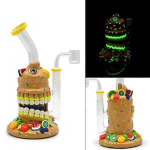 1pc,8.6inch,Glass Bubbler With Fixed Diffuser Downstem Water Pipe Bong,Hand Painted Colored Polymer Clay,Glow In Dark,Glass Smoking Pipes With Cartoon Fruit,Thick Cool