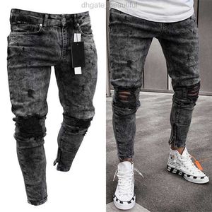 Calças de brim dos homens fino ajuste estiramento denim calças preto rasgado pé bocas zíper streetwear calças masculinas outono inverno roupas