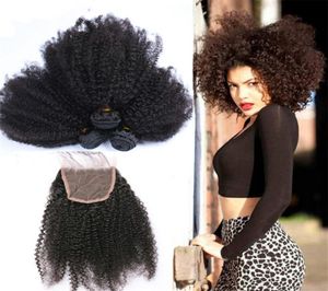 Cabelo humano brasileiro afro crespo encaracolado com fechamento de renda afro crespo encaracolado fechamento de renda completa com pacotes de cabelo 4pcslot2838005