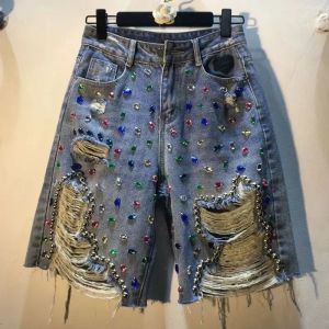 Shorts diamant pärlstav denim knä längd byxor kvinna 2023 sommar ny lös hög midja bantning midpants jeans kvinnor kläder pantaloner