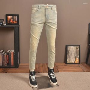 Mäns jeans 2024 Summer Thin Retro Nostalgic Cropped Fashion Märke Stretch Slim Fit Skinny Yellow Mud Casual Trousers