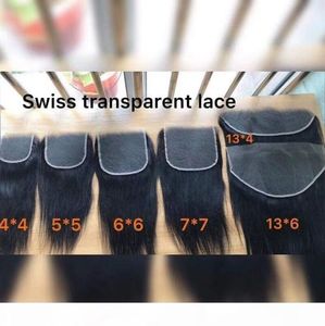 HD Swiss Transparenta Lace Frontals 4x4 5x5 6x6 7x7 13x4 13x6 Ear to Ear Pre Plucked spetsstängningar Stängningar med babyhår4753927