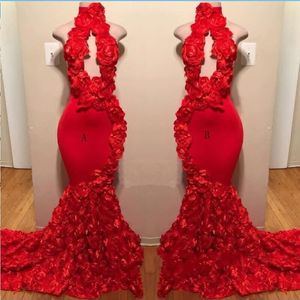 Red Rose Mermaid Dresses New Sexy High Neck Defliques الرسمية السهرة فساتين المسح القطار كوكتيل حفلات الحفلات S244H