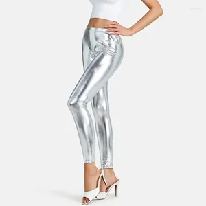 Women's Pants Fashion Women Spring Fall Gilded Patent Leather Sexy Tight Bright PU Trousers Office Lady Steel Pipe Dance Clothes Tr24