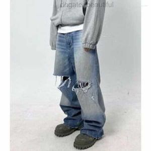 Blue Baggy Jeans For Men Women Big Hole Ripped Mopping Flared Denim Pants Streetwear Oversize Version Trousers