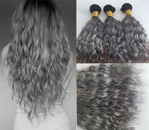 Ombre färg brasiliansk jungfrulig mänsklig hårbuntar 1b grått människohår vev två ton vattenvåg hår weft 3pcs1349821