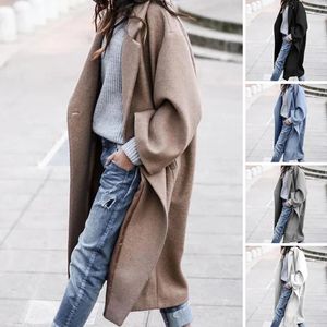 Einfache Windjacke für Frauen 2023 Mode Koreanische Herbst Winter Thermische Revers Woolen Trenchcoat Große Größe Lose Mantel 240301