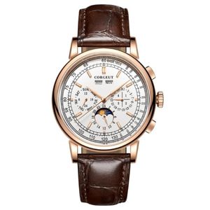 Wristwatches 42mm Men's Automatic Watch White Dial Gold Case Moon Phase Calendar Multifunction Leather Strap Mechanical Male337U