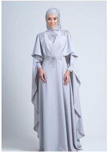 Muslimische Abendkleider, Stehkragen, lange Ärmel, Spitzenapplikation, Satin, formeller Hijab, islamischer Dubai-Kaftan, saudi-arabisches bodenlanges Abendkleid