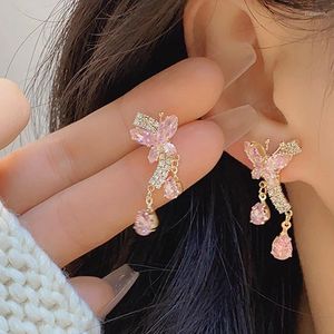 Stud Earrings Temperament Purple Water Droplet Butterfly Luxury Minimalist Pink Zircon Exquisite Weddings Jewelry Gift