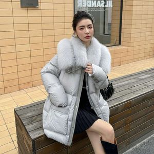 High 2023 Haining City End Goose Down for Women New Mid Middle Lace Up Fox Collar Fur Coat 3480