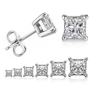 Klassisk fyra Claw Infinity Luxury Jewelry 925 Sterling Silver Princess Cut White Topaz Square CZ Multi Size Gemstones Women Stud207e