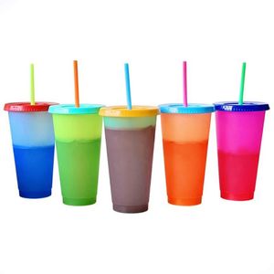 710ml temperatura mudança de cor copos frios plástico reutilizável magia tumbler suco café com canudos beber água garrafa221f