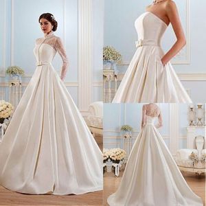 Glamorous Satin High Collar Neckline A-line Wedding Dress See Through Long Sleeve Court Train Bridal Gowns Vestido De Noiva255l