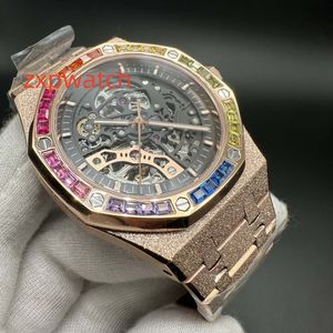 Venda imperdível moda masculina relógio automático fosco caixa de ouro rosa 42mm mostrador esqueleto baguete diamantes moldura arco-íris.