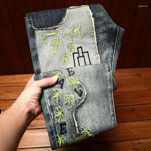 メンズジーンズ2024ファッション刺繍ストレッチスリムフィットスキニーバイクエラスティックパーソナリティユースパッチワークレトロトランス