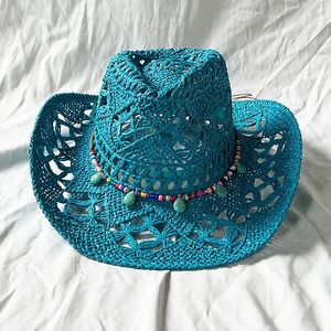 Lago blu da cowboy gocce di paglia da cowboy hat cappello da sole da sole primavera Cappello jazz cappello jazz ha ampio cappello a tenace hombre 240228