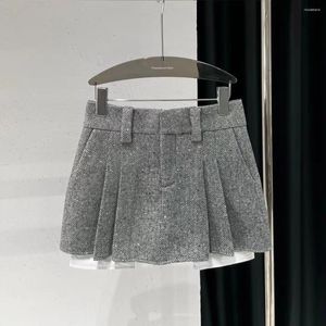 Skirts 2024 Early Spring Fashionable Wear With Safety Pants Design Woolen Flower Ni Hundred Pleated Half Skirt Women's