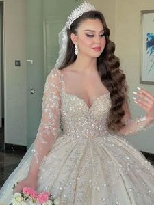 Arabic Luxury Long Sleeve Dubai Wedding Dress Ball Gown Plus Size Sequined Beading Illusion Saudi Arabic Bridal Gowns Vestidos De Novias