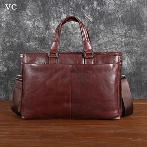 Vegetabilisk garvad huvudlager Cowhide Handbag Casual Business Leather Portispose 14 Computer Bag Shoulderbody 240308