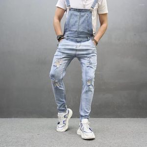 Mäns jeans män streetwear smal rippad cyklist rem stilmotorcykel stretch dungarees manliga haklappens overaller jumpsuits denim byxor