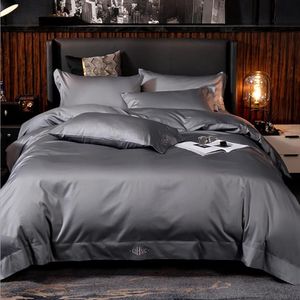 Gray Egyptian cotton Duvet cover set King Queen Twin size 4pcs el Solid Color Bed sheet linen Silky Soft Bedding set Home Texti230S