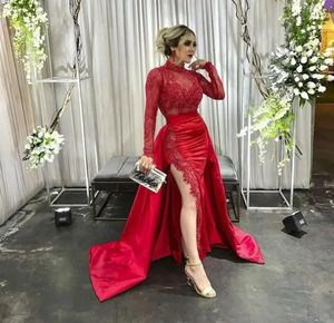 Sexy Side Split Sheath Prom Dresses With Detachable Skirt Lace Appliques Long Sleeves Dark Red Birthday Party Dress High Neck Long Slim Fit Lady Evening Gown