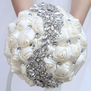 Bröllopsblommor Buketter Crystal Satin Holding Artificial Ribbon Bridal Bridesmaid Diamond Bouquet Flores de Boda W445215L