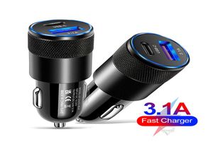 Тип быстрой зарядки c PD 15 Вт 31A USB с двумя портами Автомобильное зарядное устройство Светодиодный адаптер для Iphone Samsung Huawei Android Phone PC GPS1194264