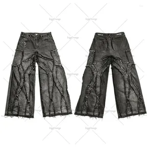 Men's Jeans 90s Street Trend Do Old Tattered Low Waist Men Y2K Fashion Washed Heavy Straight Wide Leg Pants Hip Hop Rap Style