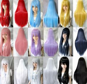 9 Farben Frauen hitzebeständige Haarperücken Rosa Schwarz Blau Rot Gelb Weiß Blond Lila 80 cm lange gerade Cosplay Haarparty Synth2991005