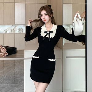 Casual Dresses French Sweet Bow Knitted Dress Autumn Turn-down Collar Slim Fit Long-sleeved Short Sweater Fashion Preppy Style Robe Q808