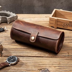 Watch Boxes & Cases Travel Case Roll Organizer Vintage Exquisite Round Shape Leather Storage Bag Unique Gifts For Father Husband L219d