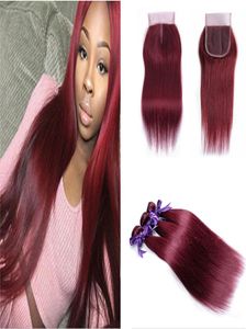 99j tecer cabelo humano com fechamento de renda borgonha em linha reta cabelo virgem brasileiro 3 pacotes com fechamento de renda vinho seda vermelha em linha reta 7573173