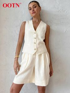 Women's Tracksuits OOTN Office Summer High Waist Shorts Suits Beige V Neck Vest Pleated 2 Piece Sets Cotton Linen Elegant Outfits Women 2024