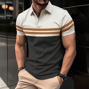 Verão masculino manga curta polo camisa moda splice listra impressão camiseta dos homens respirável festa roupas topo 240226