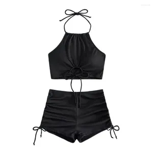 Damen-Bademode, zweiteiliger Badeanzug, stilvolles Sommer-Bikini-Set mit Neckholder-BH, hohe Taille, Kordelzug, Badehose, Strandmode, Baden am Pool